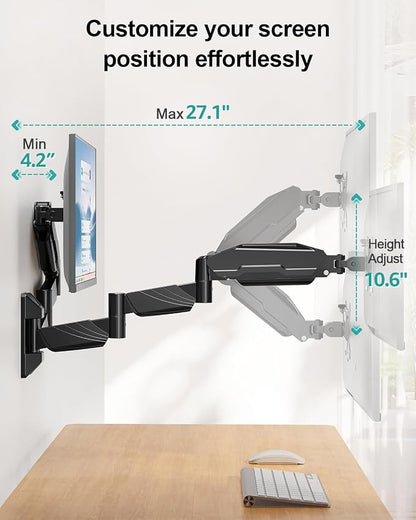 Long Arm Dual Monitor Wall Mount, Gas Spring Wall Monitor Arm for 17-32" Screens, 27.1" Extra Long Monitor Mount, Holds up to 17.6 lbs Each, Full Motion VESA Mount, 75/100, Black