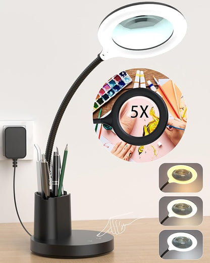Sailstar Magnifying Glass with Light, 5X Magnifying Lamp, 3 Color Modes Lighted Magnifying Glass, LED Desk Lamp, Pen Holder, Flexible, 800LM, CRI 90, Magnifier with Light for Crafts Close Work, Black