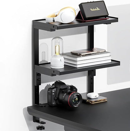 Spacrea 2 Tier Clamp on Desk Shelf | Office Desk Shelves Organizer, Wood Desktop Supplies Storage Rack, Desk Organizers and Accessories (Black)