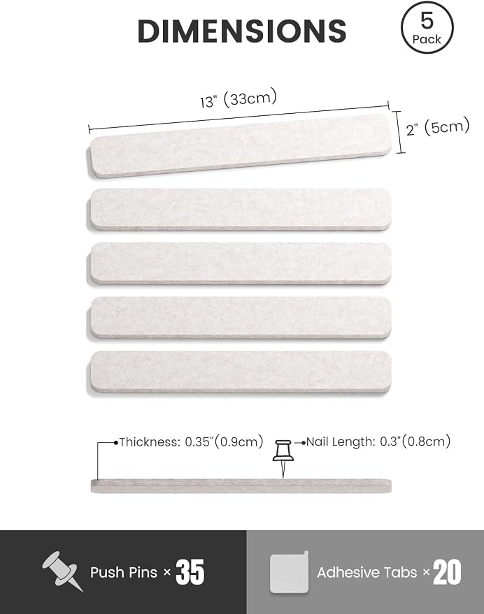 Fluxynara 13" x 2" Felt Wall Panels, Oatmeal | 5-Pack Cork Board Alternative with 35 Push Pins, Adhesive Mounting for Bedroom Door or Home Office