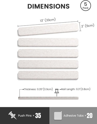 Fluxynara 13" x 2" Felt Wall Panels, Oatmeal | 5-Pack Cork Board Alternative with 35 Push Pins, Adhesive Mounting for Bedroom Door or Home Office