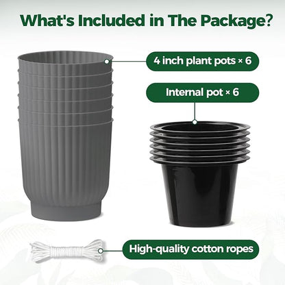 T4U 4 Inch Plant Pots Self Watering, 6 Pack African Violet Pots, Small Plant Pots for Plants, Small Indoor Plant Pot, Self Watering Planter for African Violet, Succulents (6 Pack 4" Pots, Gray)