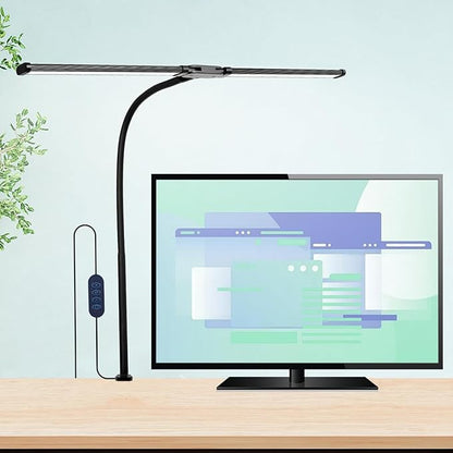 Desk Lamp for Office Home - LED Reading Light 160 LEDs with Clamp Table Lamps Eye-Caring Study Clip on Lights 3 Modes & Stepless Dimming Double Head Computer Lighting for Home, Office and Bedroom