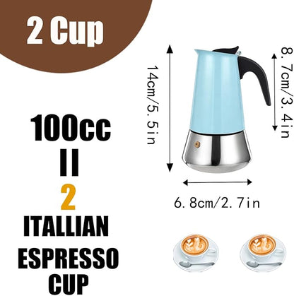 2 Cup Stovetop Espresso Maker Stainless Steel Moka Pot Stove Top Percolator Italian Coffee Makers Capable Mocha Greca Machine Cafe Classic Induction Cookers for Home and Camping 100ml 3.3oz