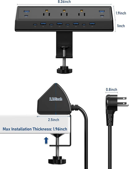 Jgstkcity 130W Desk Clamp Power Strip, 12 USB Ports (6 PD 65W USB-C),Surge Protector,ETL Listed Power Hub Extension Cord,Fast Charging Station for Home Office Desk Edge Mount (Black, 12 USB-130W)