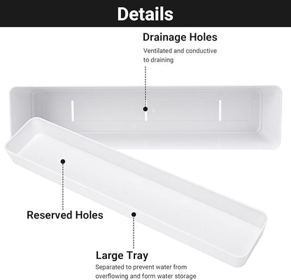 GREANER Herb Planter with Tray, 1 Pack 12x3.8 Inch Rectangle Window Box, Indoor Succulent Flowers Succulent Plastic Pot for Windowsill, Garden, Balcony, Office Outdoor Decoration - White