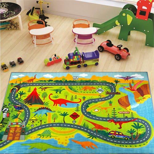 KC Cubs Dinosaur Dino Safari Road Map Learning & Game Area Carpet for Kids and Children Bedrooms and Playroom Educational Rug, 5 ft x 6 ft 6 in, Multi