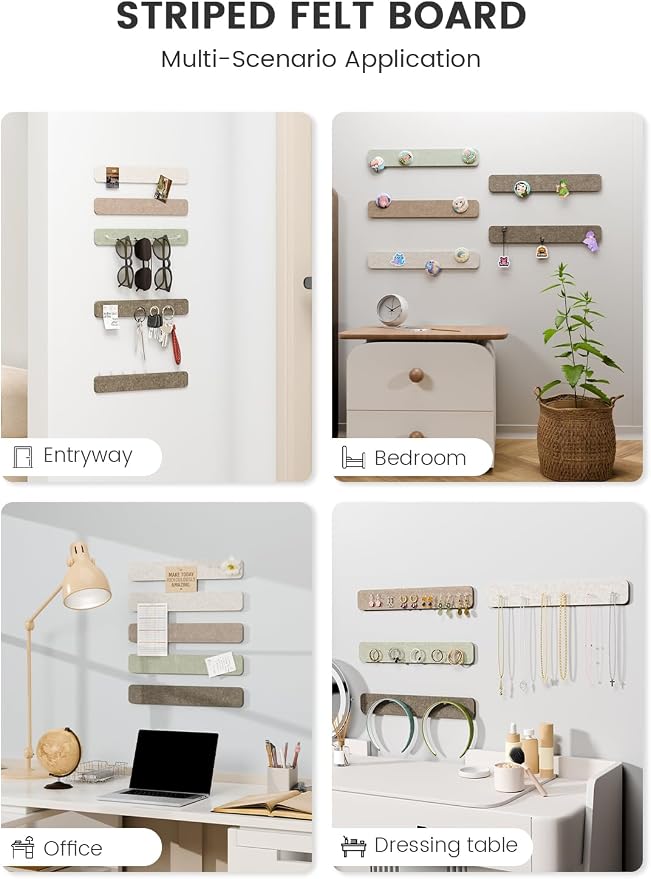 Fluxynara 13" x 2" Felt Wall Panels, Linen Dusk | 5-Pack Cork Board Alternative with 35 Push Pins, Adhesive Mounting for Bedroom Door or Home Office