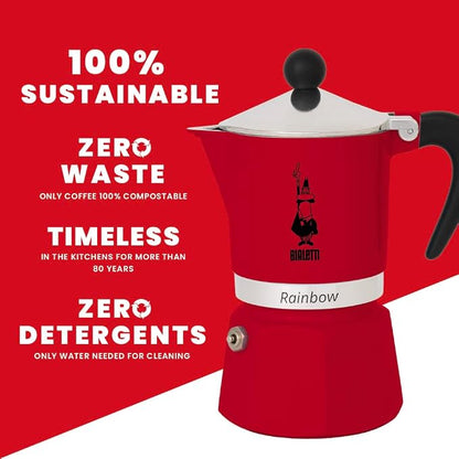 Bialetti Rainbow Moka Pot in Red, 6 Cup Stove Top Espresso Maker - Aluminum Cafetera for Ground Coffee, Italian Coffee Maker for Home Brewing