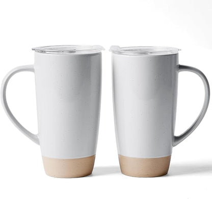 famiware Milkyway Coffee Mugs, 20oz Large Coffee Mug, Ceramic Mug Set of 2 with Lid, Cup Set with Handle for Latte, Tea, Cocoa, Milk, Home & Office, Light Gray