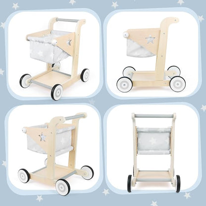 Asweets 2 in 1 Wooden Baby Walker Push and Pull Doll Stroller, Shopping Cart Learning Walker for Boys and Girls, Sit Stand Learning Toddler Toy (Grey)