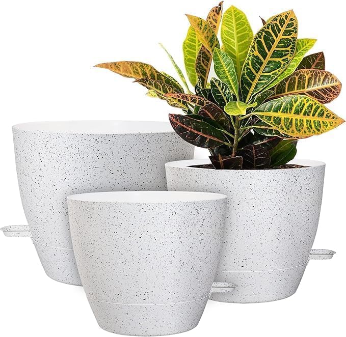 10/9/8 inch Self Watering Pots, Set of 3 Plastic Planters with Mesh Drainage Holes and Deep Reservoir for Indoor Outdoor Garden Plants and Flowers, White Speckles