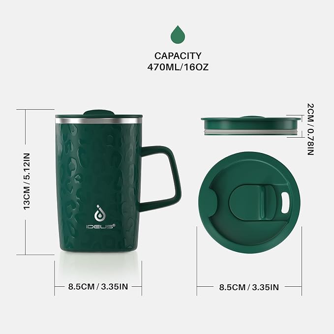 Ideus 16oz Insulated Stainless Steel Coffee Mug with Lid Leopard Dark Green | Perfect for home, office, or daily use| Easy to clean wide mouth| Sweat-proof| On the go