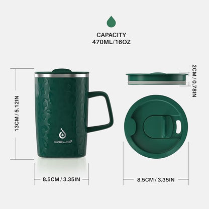 Ideus 16oz Insulated Stainless Steel Coffee Mug with Lid Leopard Dark Green | Perfect for home, office, or daily use| Easy to clean wide mouth| Sweat-proof| On the go