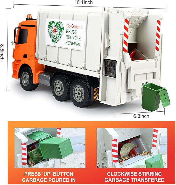 DOUBLE E Benz Licensed Remote Control Garbage Truck Electric Recycling Toy Set with Trash Bin Real Lights Rechargeable Waste Management Trash Truck Toys Gift for Kids