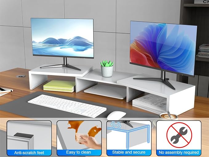 Dual Monitor Stand for Desk, Metal Computer Stand, Desk Shelf Riser,Desktop Organizer for Home and Office Use (White)