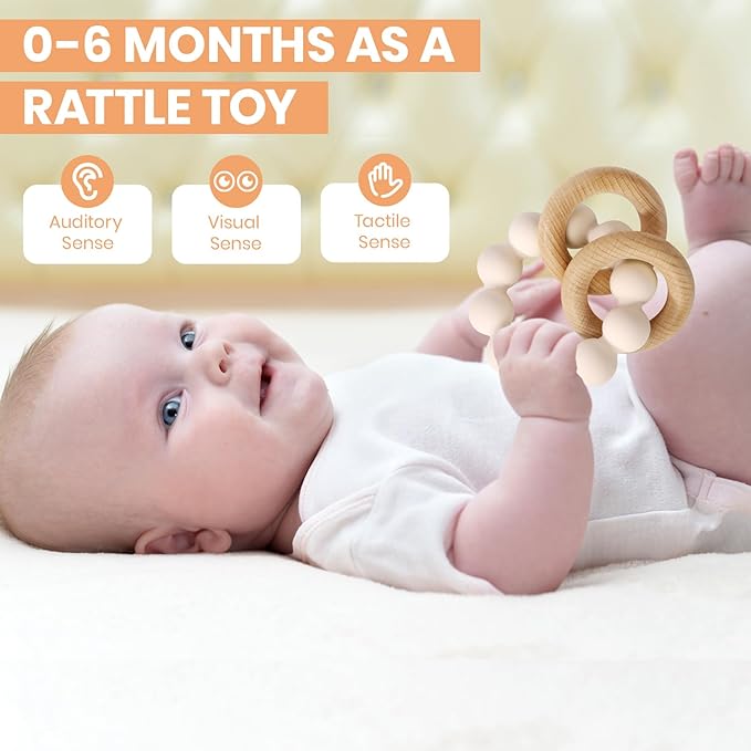 Socub Baby Teething Toys for 0-6 6-12 Months- BPA-Free Food-Grade Silicone & Natural Beech Wood Teether Ring for Newborn Infants Teething Relief- Easy-Grip Sensory Rattle Toys(Shifting Sand)