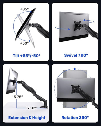 HUANUO FlowLift™ Single Monitor Mount, 13 to 32 Inch Monitor Arm, Adjustable Monitor Stand, Vesa Mount with Clamp and Grommet Base - Fits 4.4 to 19.8lbs LCD Computer Monitors