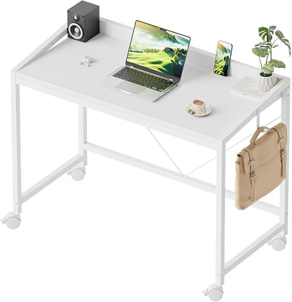 Mericonia 32x20 Inch Small Computer Desk with Wheels & Rear Lip | Simple Rolling Desk, Writing Table for Home Office Bedroom Work Study, White