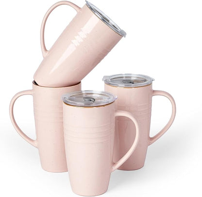 famiware Jupiter Large Coffee Mug, 20oz Coffee Mug with Lid, Ceramic Mugs Set of 4, Cup Set with Handle for Latte, Tea, Cocoa, Milk, Home & Office, Microwave and Dishwasher Safe, Light Pink