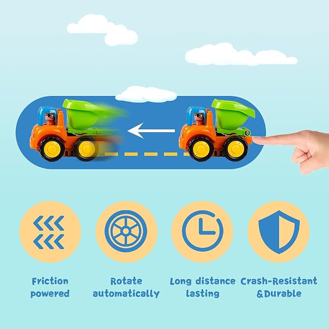 Woby Push and Go Friction Powered Car Toys Set Tractor Bulldozer Mixer Truck and Dumper for Baby Toddlers