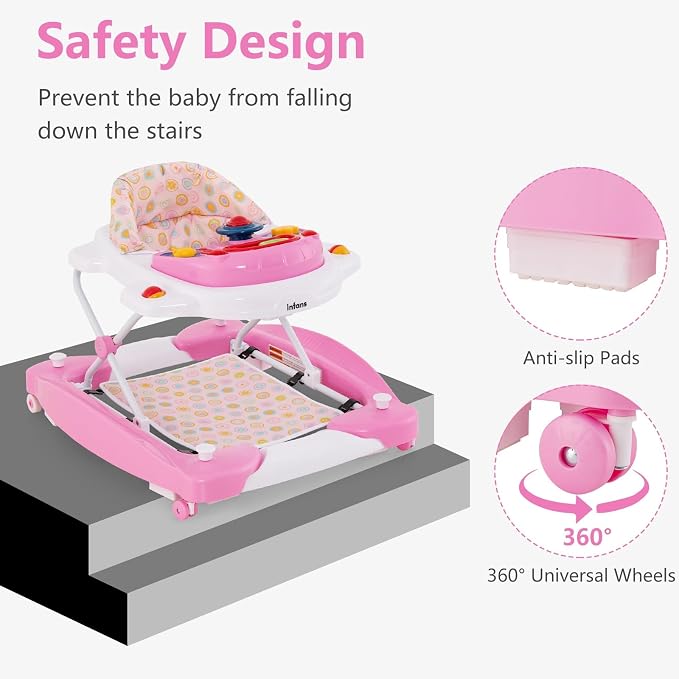 INFANS Baby Walker, 5 in 1 Behind Walker Learning Seated Rocker Bouncer with Removable Music Tray, Adjustable Height, Washable Seat Cushion, Foldable Activity Center for Toddlers (Pink)
