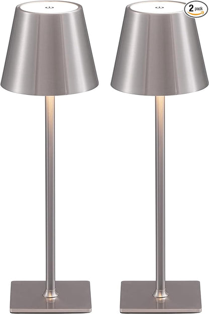 KDG 2 Pack Cordless Table Lamp,Portable LED Desk Lamp, 5000mAh Battery Operated, 3 Color Stepless Dimming Up, for Restaurant/Bedroom/Bars/Outdoor Party/Camping/Coffee Shop Night Light(Brushed Nickel)