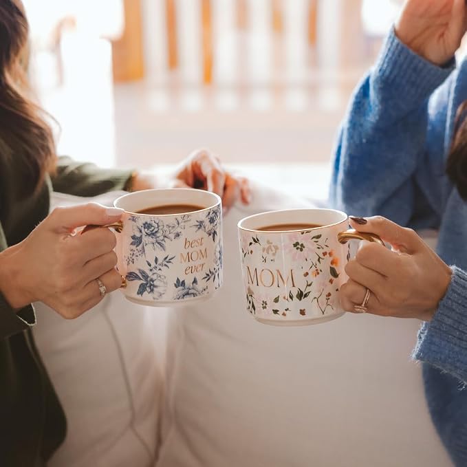 Sweet Water Decor Mug for Mom, 14oz Fine Bone China Cup with Gold Handle & Rim for Tea & Coffee Drinks, Gift Idea for Mother's Day, Mom's Birthday & Christmas, Cute Vintage Floral Design