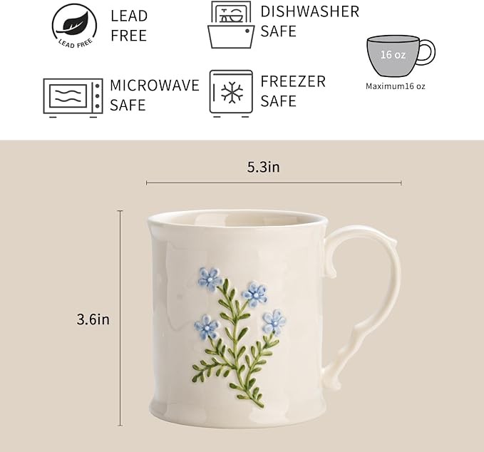 Artistic Lavender pattern Ceramic Coffee Mug - 16oz, Hand-Painted, Microwave heating and dishwasher cleaning available, Ideal for Daily Brews