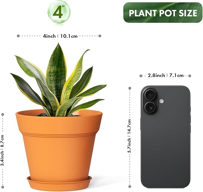 4 Inch Plastic Plant Pots with Drainage Holes and Trays – 8 Pack Small Nursery Pots for Indoor & Outdoor House Plants and Flowers, Seedling Starter Planters, Terracotta