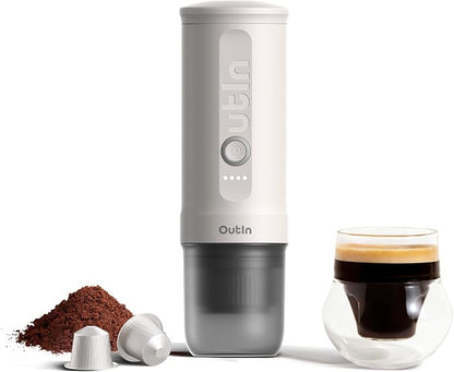 OutIn Nano Portable Electric Espresso Machine, Travel Coffee Maker | Self-Heating USB-C Car Coffee Maker for Ground Coffee & NS Capsules, Ideal for Camping, RV, Hiking and Office, Pearl White
