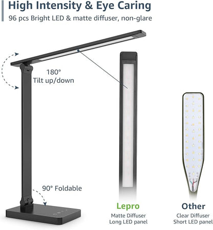 Lepro Desk Lamp with USB Charging Port for Home Office, 650LM 9.5W, Black | Dimmable Task Light, 5 Colors 5 Brightness, Eye Caring Table Lamp for Dorm Room, Sewing, Crafting, Reading, Nail, Drafts