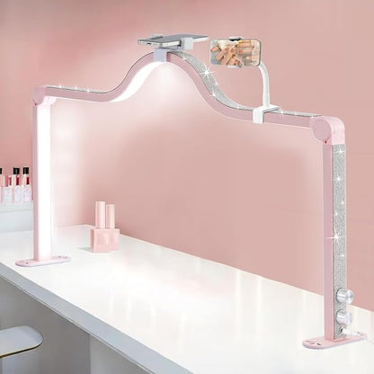 Upgraded Nail Tech Lamp with Dual Phone Holder, 34 in Foldable Large Nail Light for Desk, 3 Modes 3000K-6000K LED Manicure Lamp, Half Moon Light for Lash Eyelash Extension, Tattoo, Eyebrows