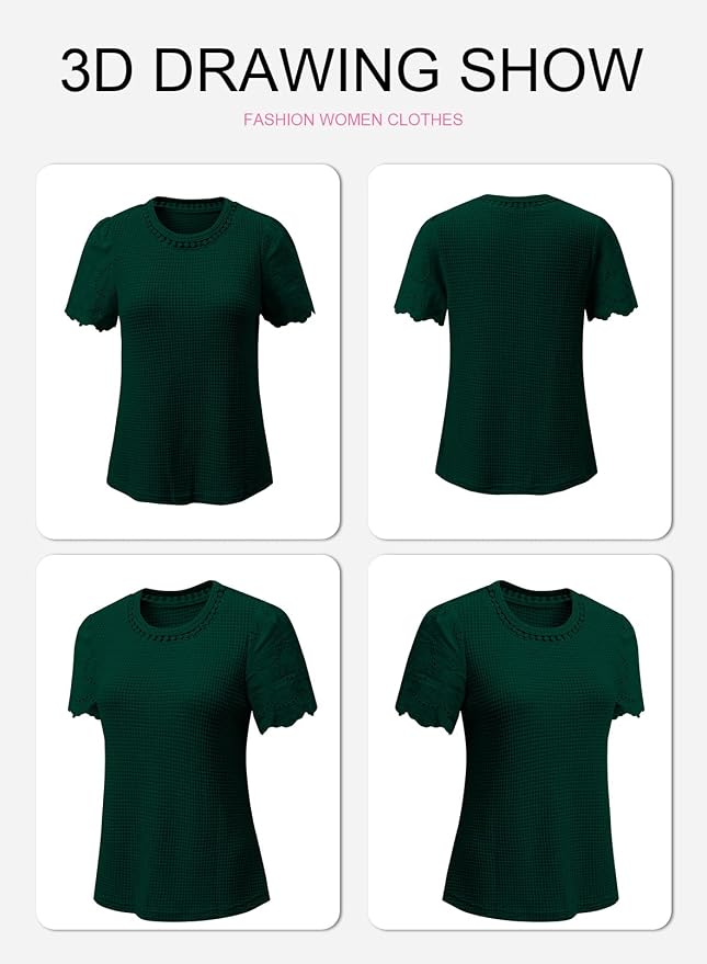 SHEWIN Womens Frenchy Summer Tops Crewneck Short Sleeve T Shirts Casual Waffle Knit Jacquard Blouses Top Shirts