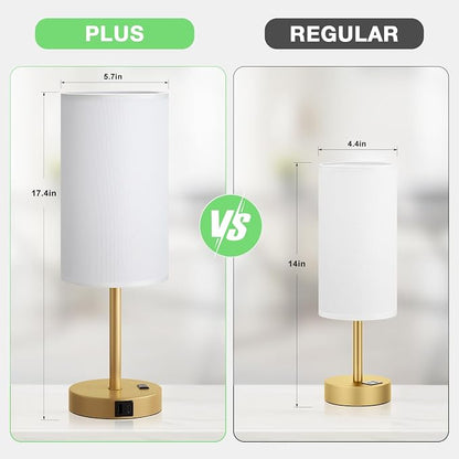 Dicoool 17.4" Bedside Lamp for Bedroom - Dimmable Touch, USB A+C, AC Outlet | LED Bulb Included, 3-Way Dimmable, 17.4" Table Lamp for Living Room, Dorm, White Fabric Lampshade, Gold Metal Base