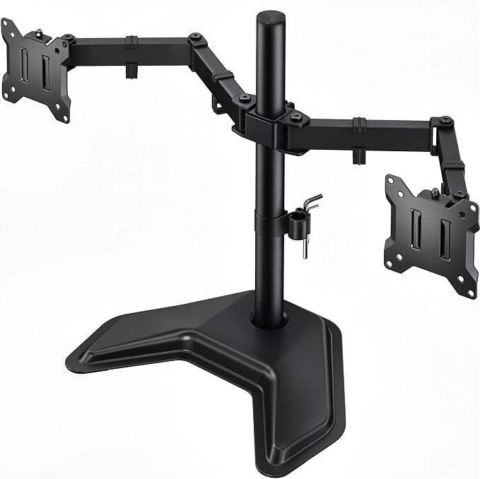 monTEK Freestanding Dual Monitor Stand for 17-32" Screens, 22 lbs Each | Solid V-shaped base, dual-screen full-motion arms, height adjustment, tilt, swivel, rotation and VESA 75/100