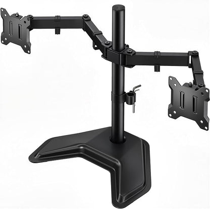 monTEK Freestanding Dual Monitor Stand for 17-32" Screens, 22 lbs Each | Solid V-shaped base, dual-screen full-motion arms, height adjustment, tilt, swivel, rotation and VESA 75/100