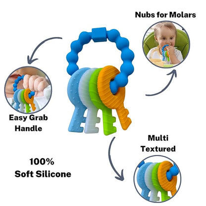 Baby Keys Teether Toys,Silicone Teething Toys for 3-18+ Months,Teething Keys Toy for Infants-Soft & Raised Texture to Soothe Gums,BPA Free (4Colors)