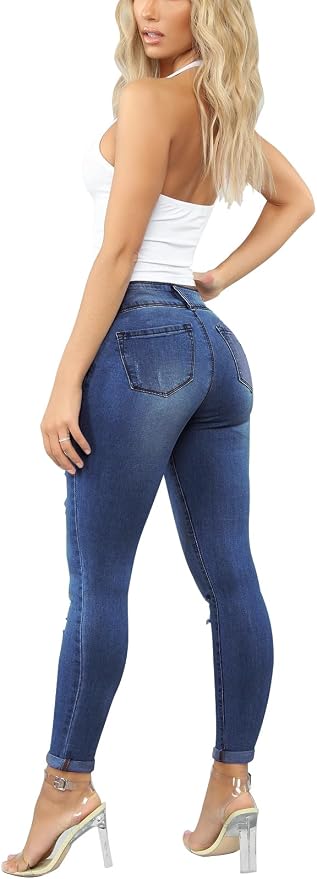 KUNMI Women's Skinny Ripped Trendy Jeans Distressed Stretchy Denim Pants