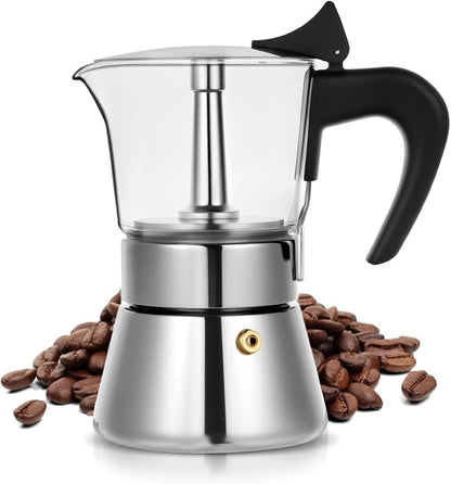 4 Cup 200ml Glass Moka Pot, Stovetop Espresso Maker, Silver | Crystal Glass-top & Stainless Steel Coffee Maker, Induction Compatible, for Greca de Cafe, Cuban and Italian Coffee Brewing