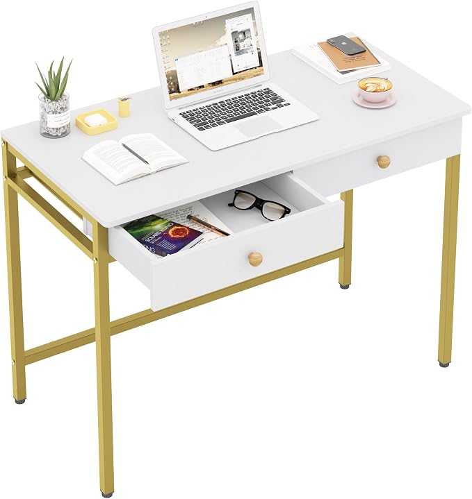 Weehom Computer Desk with Drawers, Home Office Workstation, White Gold | Sturdy and spacious workstation for writing, studying and gaming, Suitable for PC and laptop use