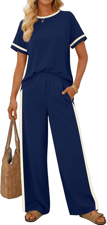 Sampeel 2 Piece Sets for Women Matching Sets Summer Outfits Resort Wear Short Sleeve Lounge Set Wide Leg Pants with Pockets
