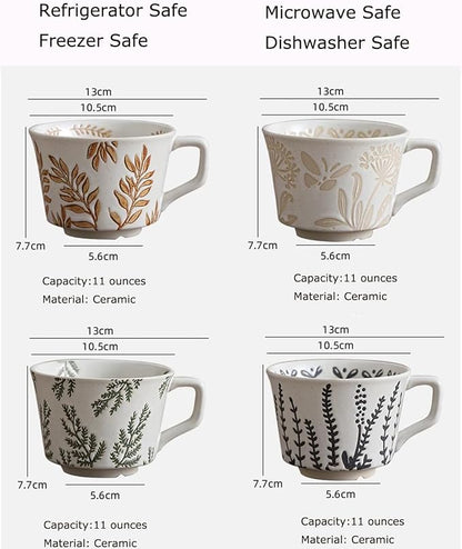 Small Ceramic Mug, 11oz - Vintage Cup Mug for Coffee Milk Latte Cappuccino Tea, Plant Porcelain Cup Dishwasher Microwave Freezer Safe Stoneware 1 PC Black Leaf Cup