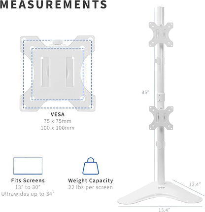 VIVO Dual Monitor Desk Stand Free-Standing LCD Mount, Holds in Stacked Vertical Position 2 Ultrawide Screens up to 34 inches, White, STAND-V002LW
