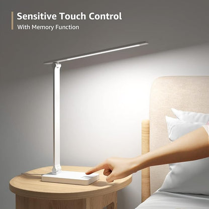 Lepro LED Desk Lamp with USB Charging Port for Dorm Room, 700LM 9.5W, White | Dimmable Table Lamp, 5 Colors 5 Brightness, Eye Caring Task Light for Home Office, Sewing, Crafting, Reading, Nail, Drafts