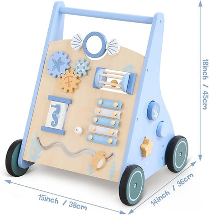 Beright Wooden Baby Walker Push and Pull Learning Activity Walker with Wheels Montessori Walker Toy Multiple Activities Center Develops Motor Skills & Stimulates Creativity (Blue)