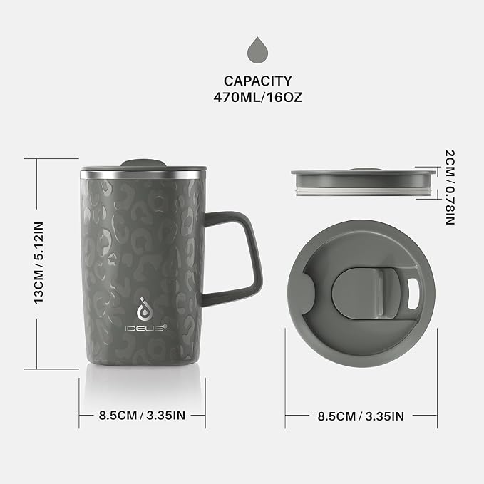 Ideus 16 oz Insulated Stainless Steel Coffee Mug with Lid, Leopard Gray | Perfect for home, office, or daily use| Easy to clean wide mouth| Sweat-proof| On the go
