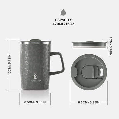Ideus 16 oz Insulated Stainless Steel Coffee Mug with Lid, Leopard Gray | Perfect for home, office, or daily use| Easy to clean wide mouth| Sweat-proof| On the go