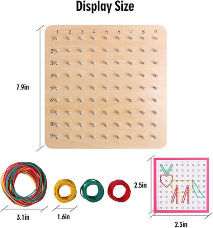 Wooden Geoboard with Pattern Cards & Rubber Bands, Montessori STEM Educational Toy for Kids 3-5 5-8 Years Old, Brain Teaser Puzzle Game for Geometry Learning and Creative Shapes