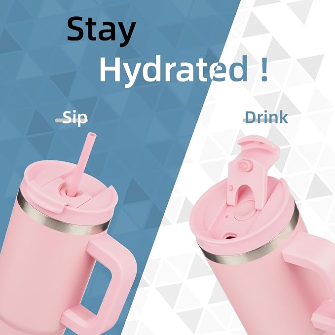 Konokyo 40 oz Insulated Tumbler Water Bottle with Handle, Straw Lid | BPA-free and dishwasher safe; made for gym, travel, coffee and gifting, 2 straws, cup holder friendly,Pink
